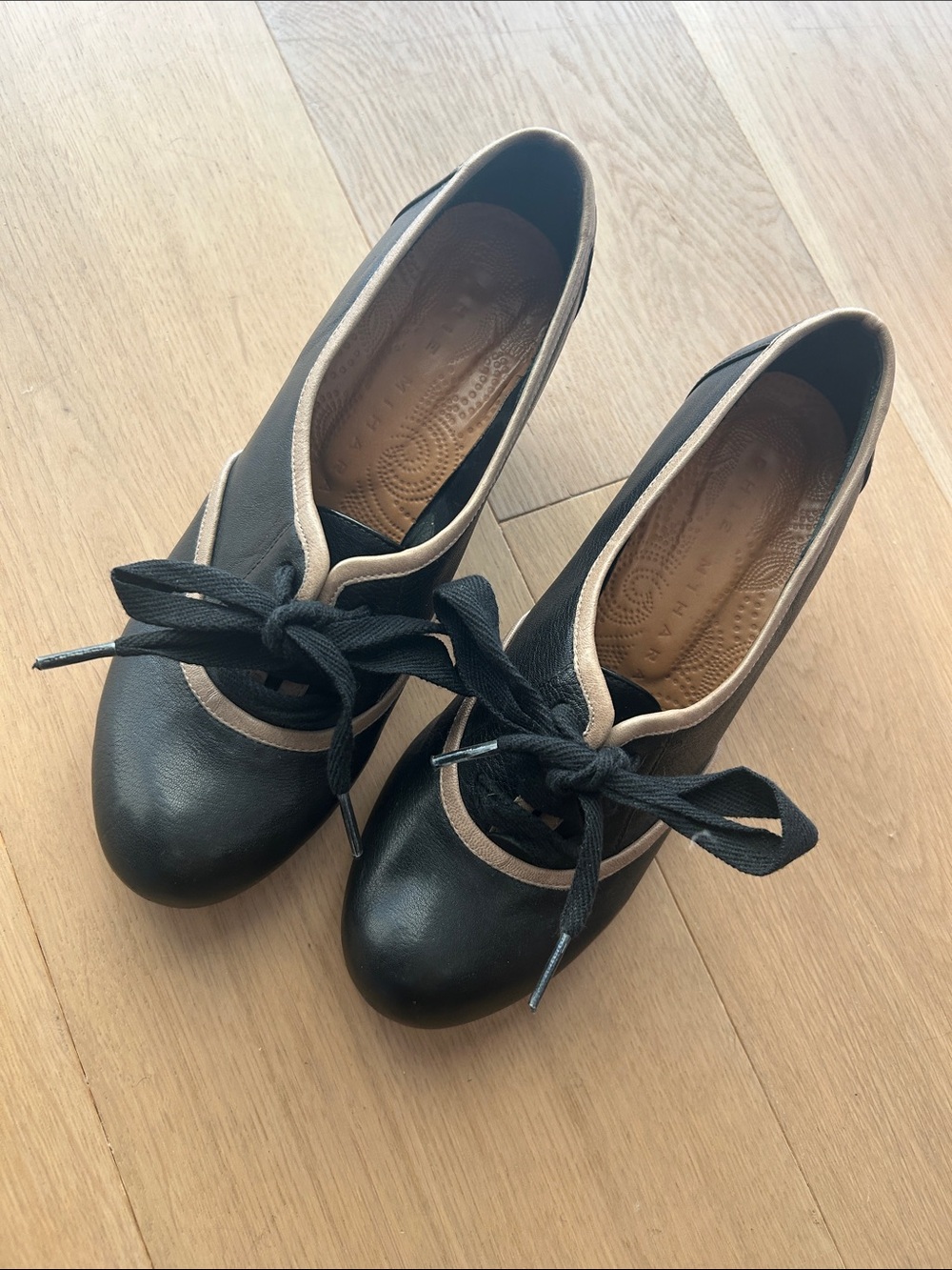 Chie Mihara Black Leather Lace-Up Heels with Beige Trim